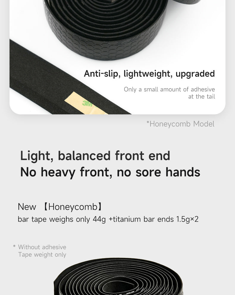 Black honeycomb-patterned road bike handlebar tape with anti-slip surface and minimal adhesive at tail