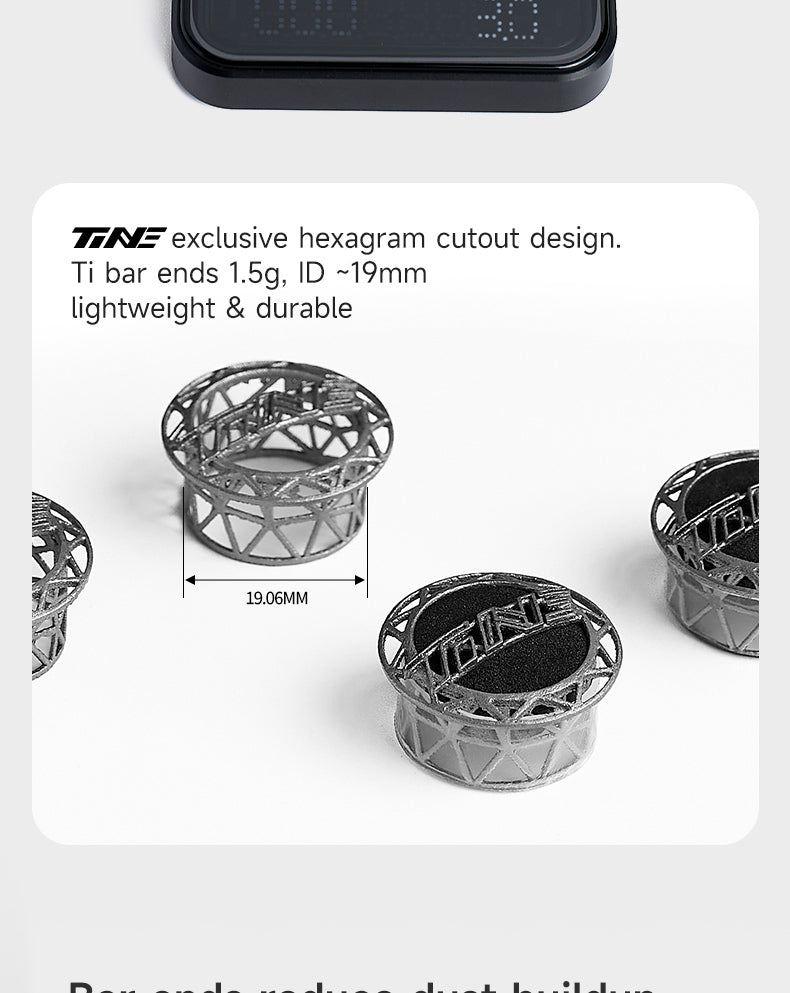 Titanium bar ends with hexagram cutout design, 1.5g each, inner diameter ~19mm, lightweight and durable