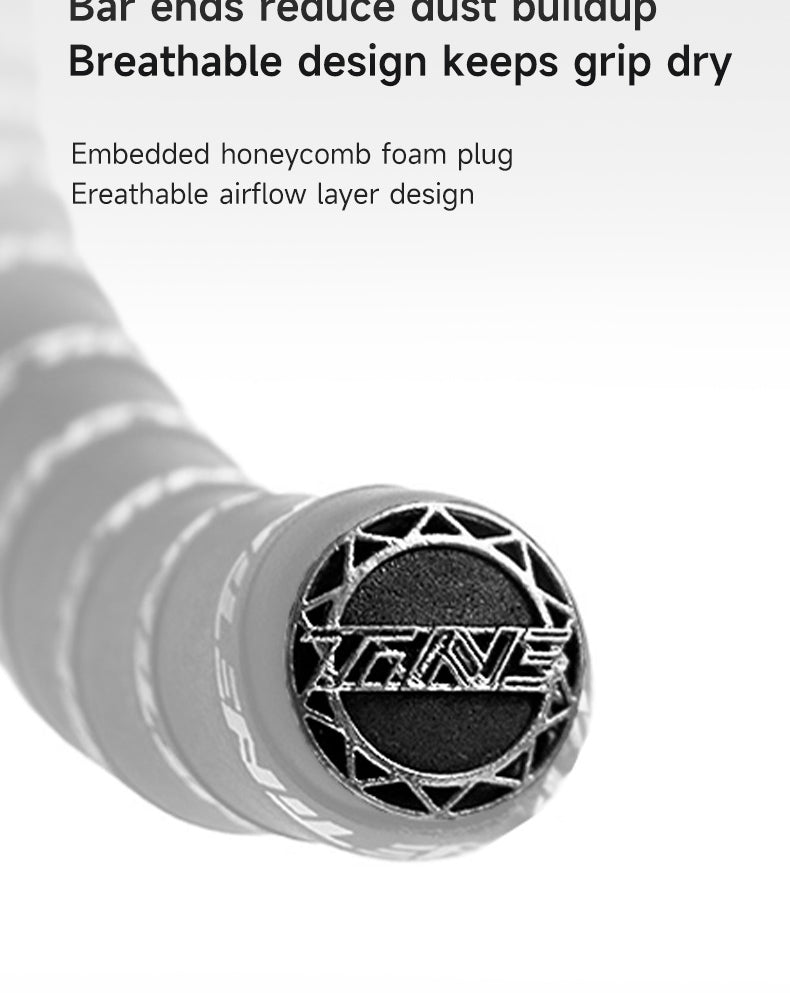 Close-up of TINE titanium bar end with hexagram cutout, embedded honeycomb foam, and breathable airflow design