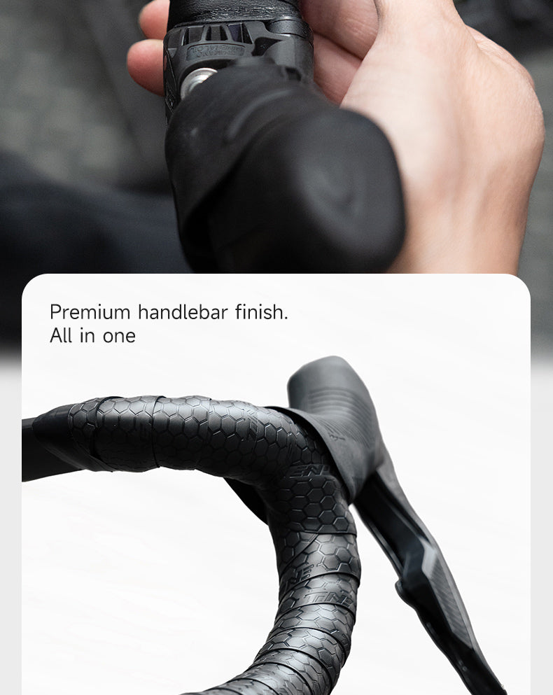 Black hexagonal handlebar tape installation on road bike handlebar