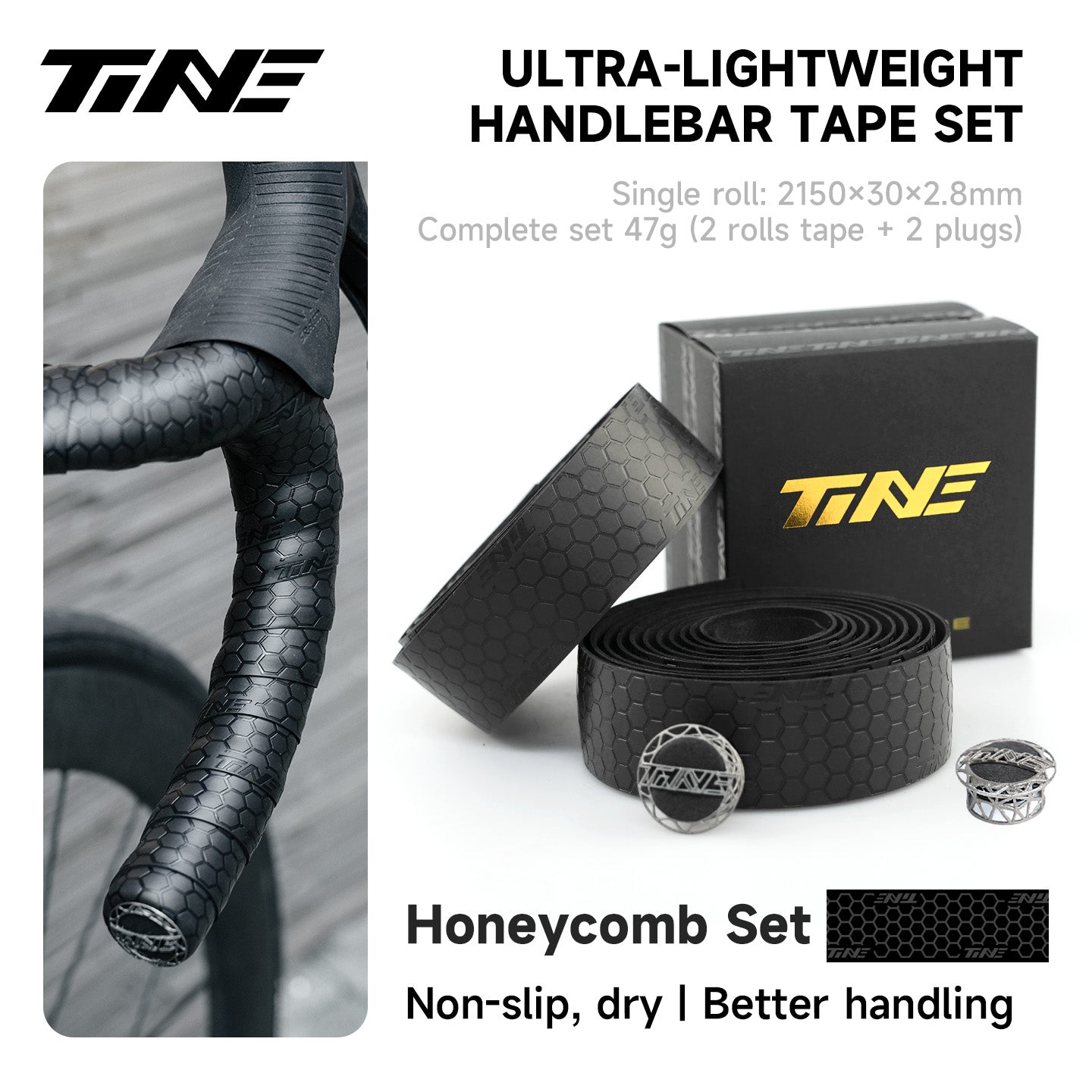 TiNE TECH Fenglan Series black honeycomb road bike handlebar tape set with plugs