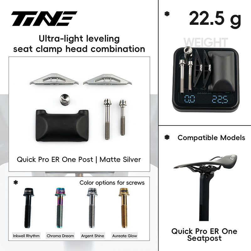 TiNE Quick Pro ER One carbon fiber seatpost balance kit - matte silver clamp heads, Chroma Dream screws