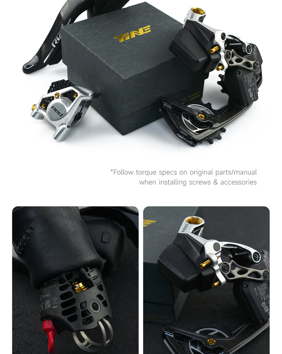 SRAM Red drivetrain parts alongside TiNE box with installation detail photos
