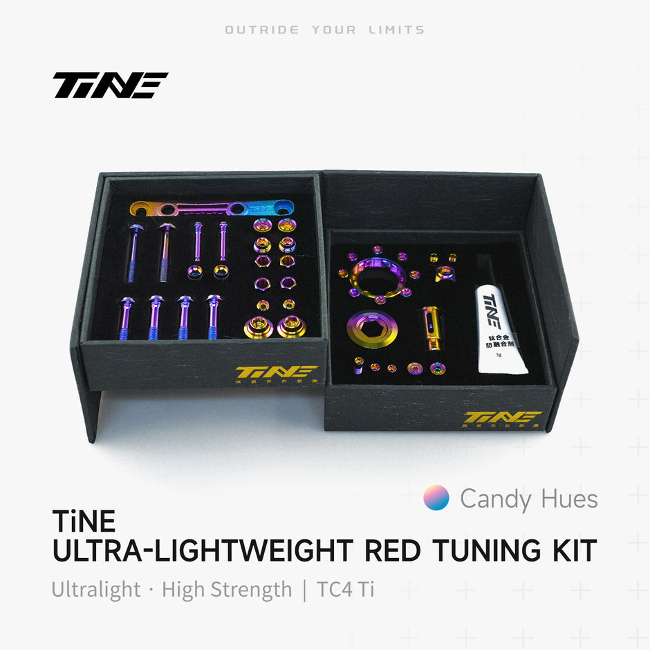 TiNE Candy Hues red drivetrain bolt kit in black box