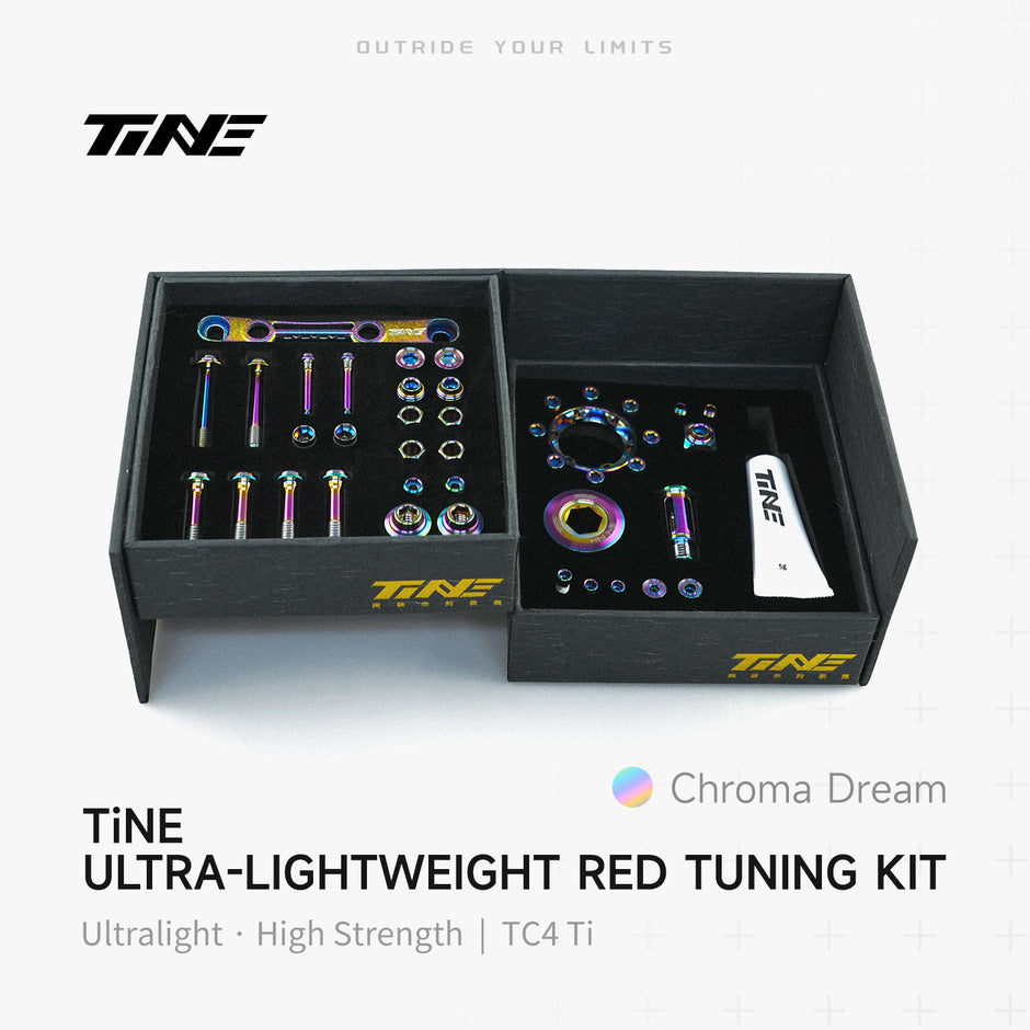 TiNE Chroma Dream red drivetrain bolt kit in black box