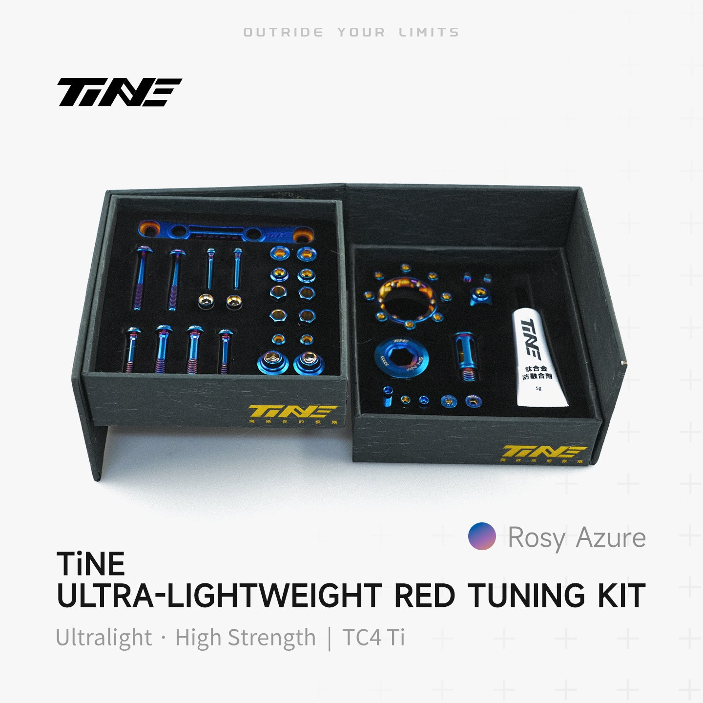 TiNE Tech titanium road bike bolt kit in box with Rosy Azure hardware