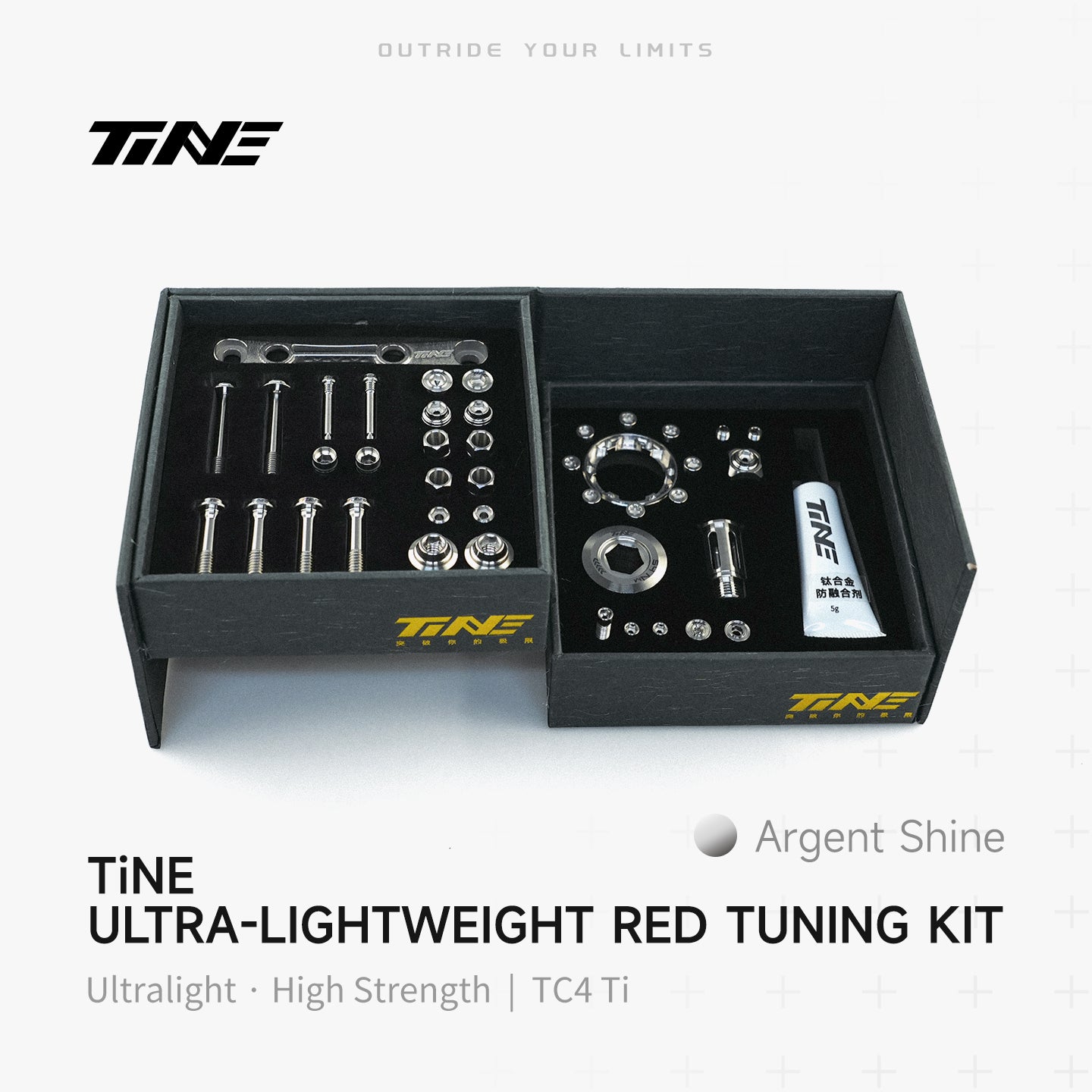 TiNE Tech titanium road bike bolt kit in box with Argent Shine hardware