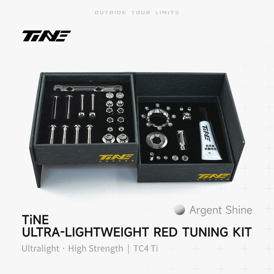 TiNE Tech titanium road bike bolt kit in box with Argent Shine hardware