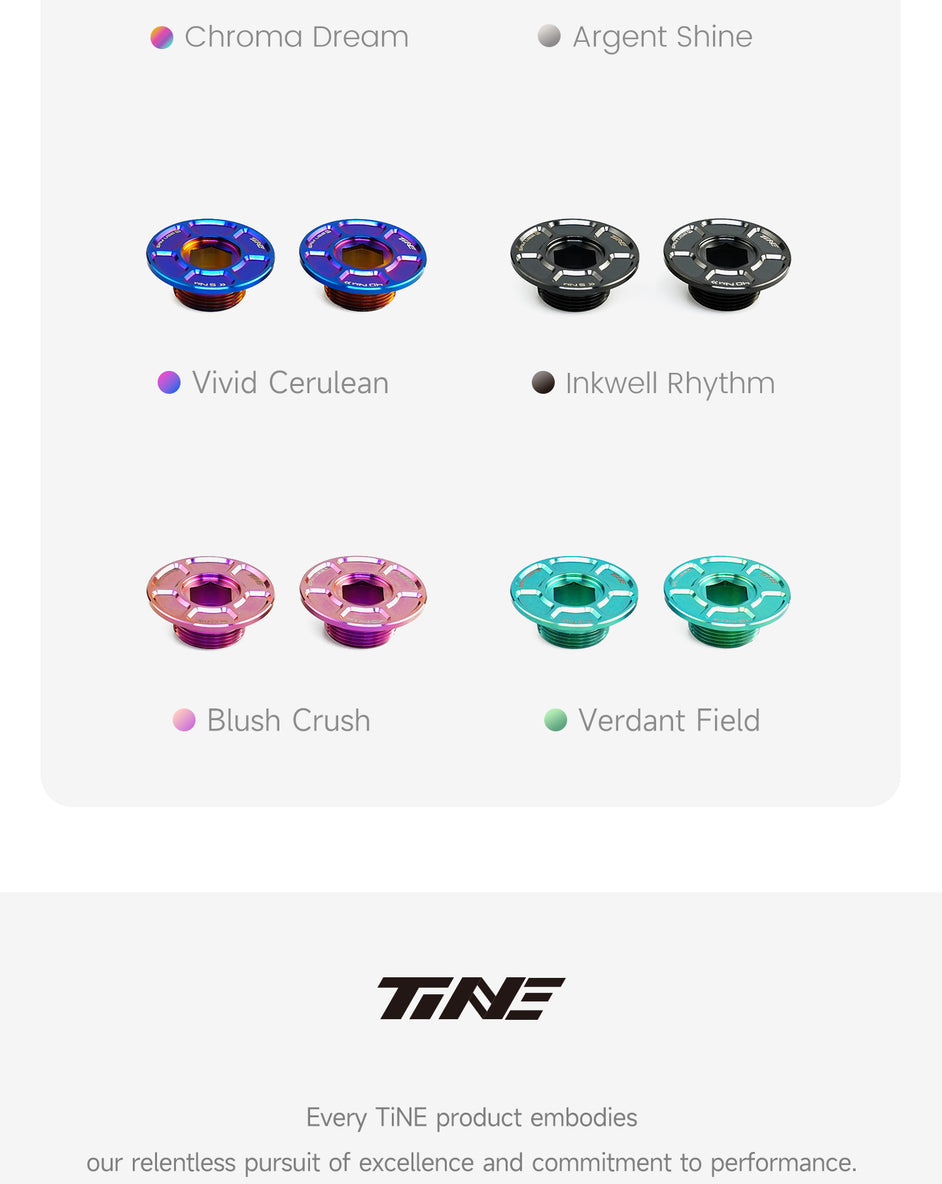 Six pairs of circular metal crank caps displayed in different colors: Chroma Dream, Argent Shine, Vivid Cerulean, Inkwell Rhythm, Blush Crush, and Verdant Field, each with a polished, reflective finish and engraved details.