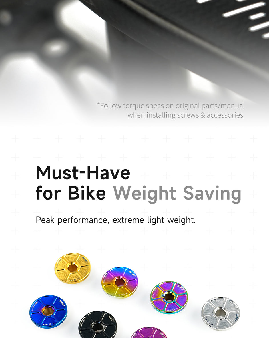 An arrangement of colorful lightweight titanium crank bolts for bikes in gold, blue, black, purple, rainbow, and silver finishes, showcased on a white background with text about weight saving and performance.