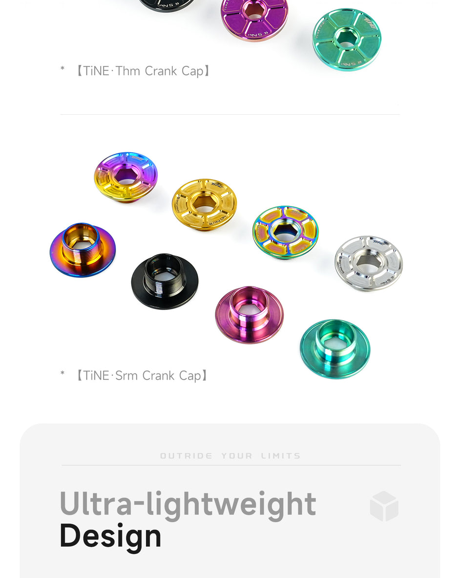 A collection of colorful, ultra-lightweight titanium crank caps displayed in various anodized finishes including black, gold, purple, green, silver, and rainbow hues.