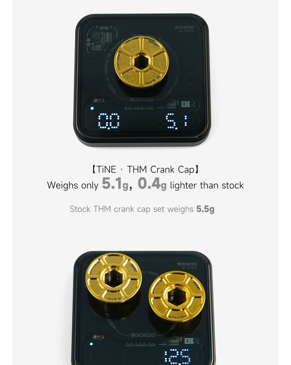 Two photos of anodized gold titanium crank caps placed on digital scales showing weights of 5.1 grams and 5.5 grams, with text highlighting the lightweight difference between TiNE THM crank caps and stock crank caps.
