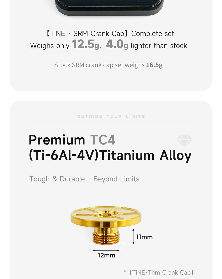 Gold-colored titanium crank cap with measurements indicating an 11mm height and 12mm diameter, described as made from premium TC4 titanium alloy.