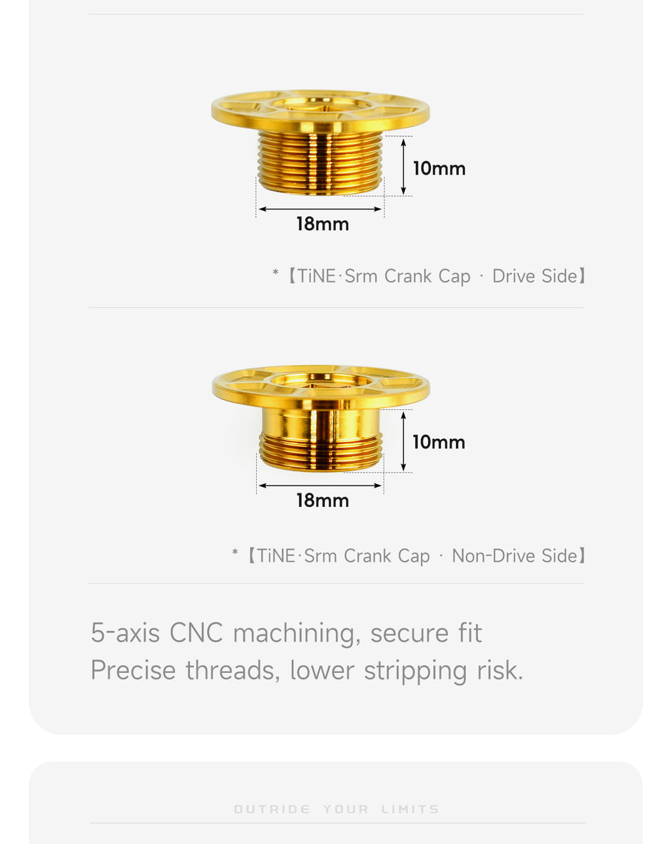 Two gold-colored crank caps with detailed measurements showing 18mm diameter and 10mm height, one labeled for drive side and the other for non-drive side, highlighting precise CNC machining.