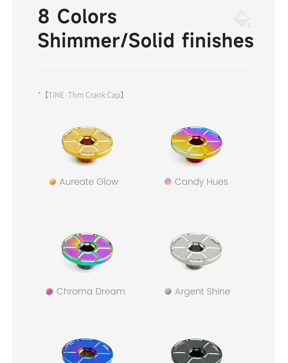 Eight titanium crank caps in various shimmer and solid finishes including gold, rainbow gradient, silver, blue, and black, arranged in two columns with labels.