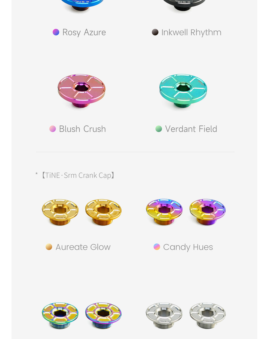 Various colorful titanium crank caps in different finishes including blue, black, pink, turquoise, gold, and iridescent tones displayed on a white background with labels for each color.