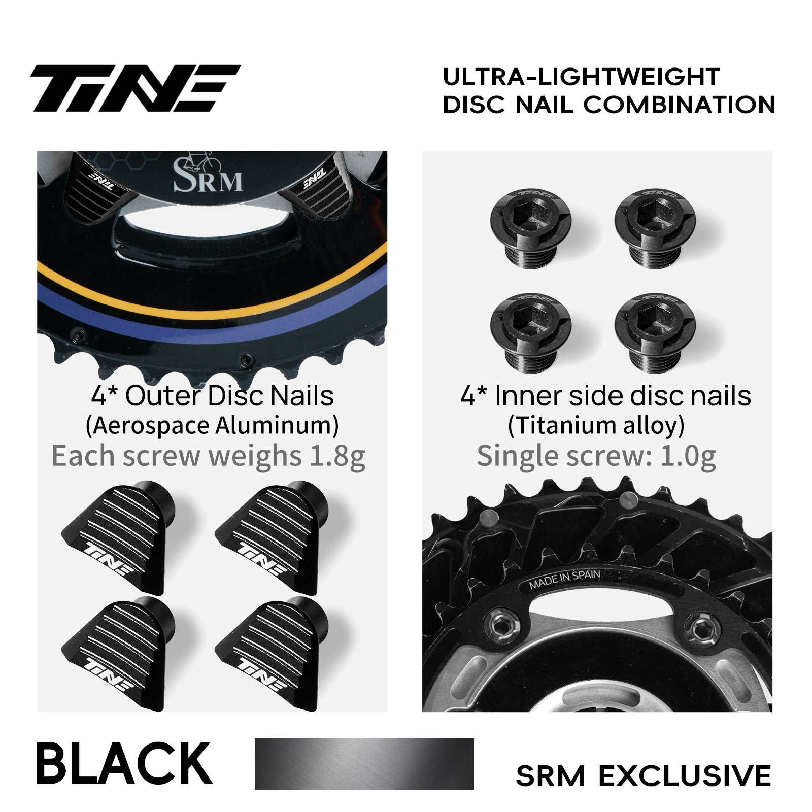 Titanium Disc Rotor Mounting Hardware for SRM Crank - Black “DISC NAIL” Combination Set