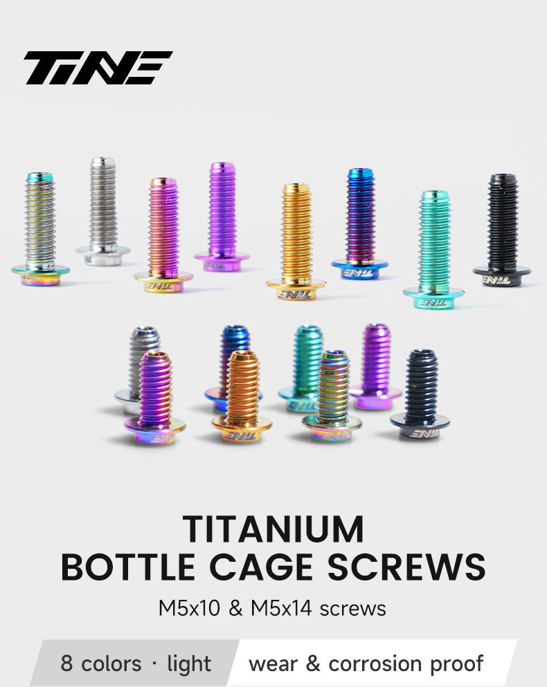 A collection of titanium bottle cage screws in various colors including silver, purple, gold, blue, teal, and black, displayed against a light background with branding and specifications.