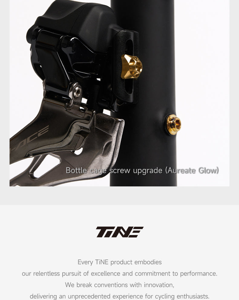 Close-up of a bicycle frame section showing black and metallic components with a gold-colored bottle cage screw upgrade attached, highlighting the upgrade’s design and fit.