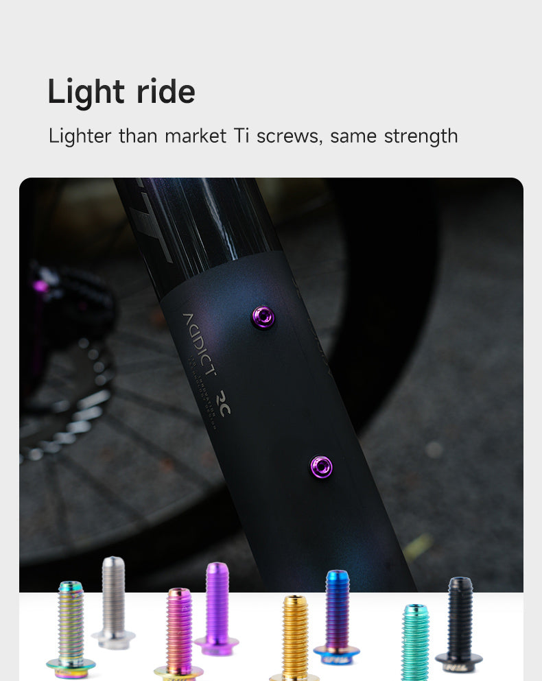 Close-up of a bicycle frame with two purple titanium bottle cage screws installed, surrounded by various anodized titanium screws in different colors displayed at the bottom of the image.
