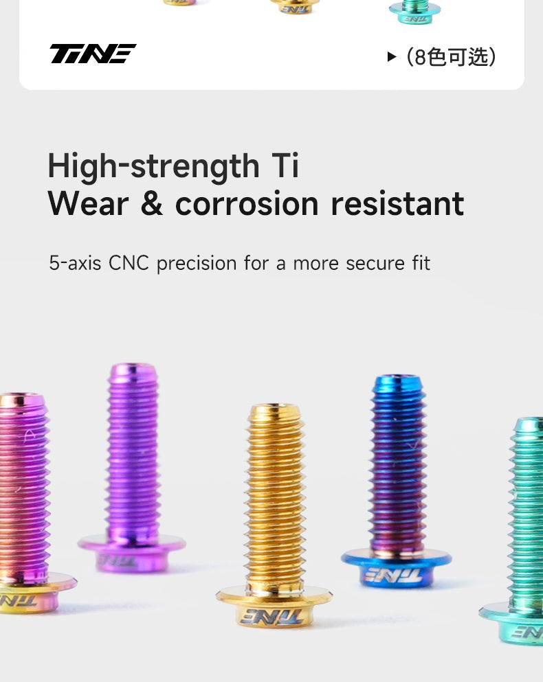Various anodized titanium bolts in colors including purple, gold, blue, and green, with text highlighting high strength, wear and corrosion resistance, and precision CNC manufacturing.