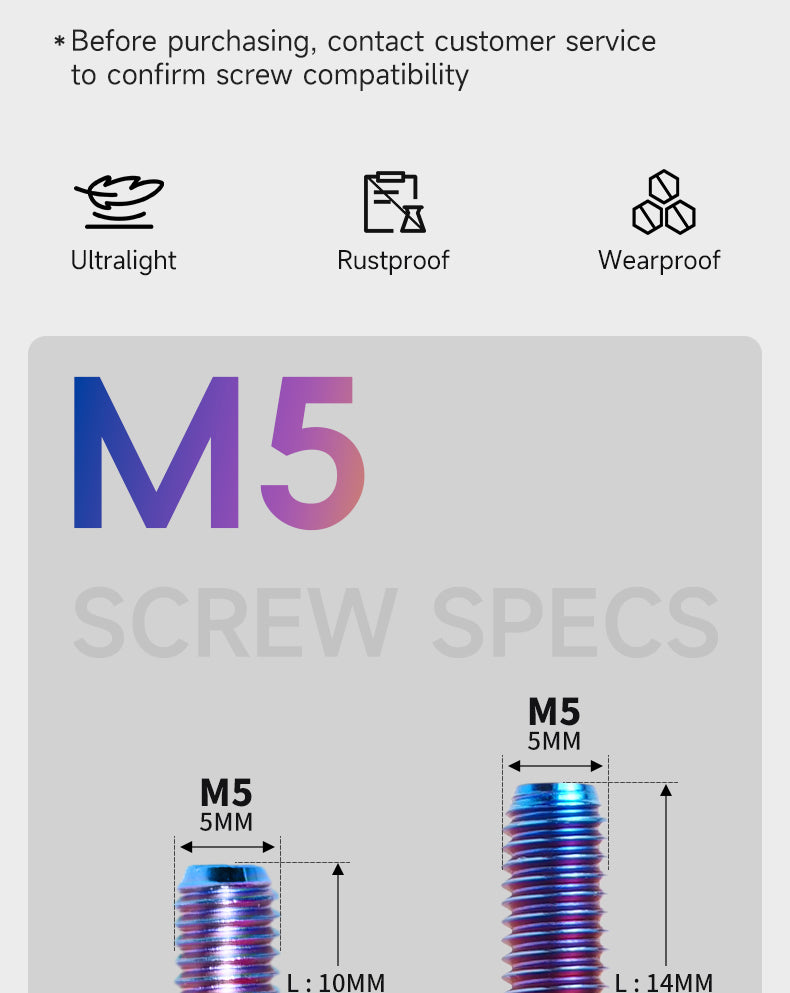 Diagram showing specifications of M5 screws with measurements, featuring icons for ultralight, rustproof, and wearproof qualities, along with a note to confirm screw compatibility before purchasing.