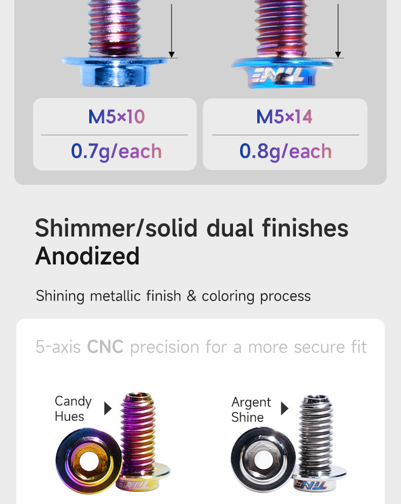 Close-up view of two anodized titanium bolts with washers, showing shimmer and solid dual finishes in candy hues and argent shine, labeled with sizes M5x10 and M5x14 and weights 0.7g and 0.8g each.