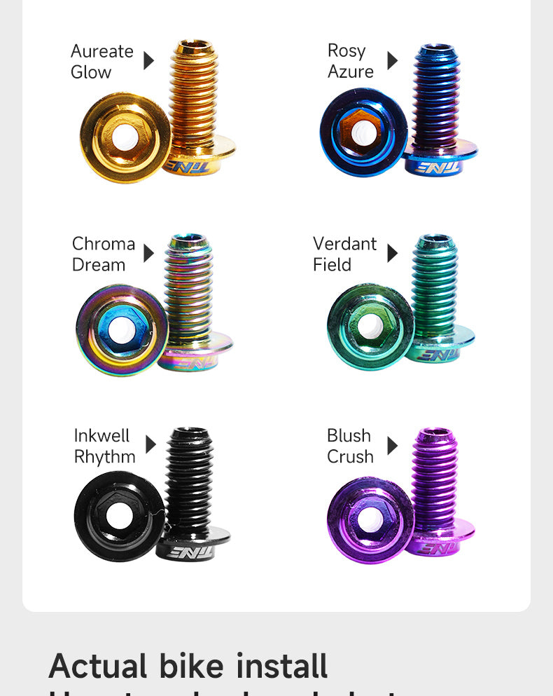 Six pairs of titanium bottle cage bolts in different anodized colors displayed on a white background, labeled as Aureate Glow, Rosy Azure, Chroma Dream, Verdant Field, Inkwell Rhythm, and Blush Crush.