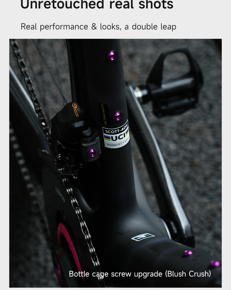 Close-up of a bicycle frame featuring several anodized purple titanium bolts around the bottom bracket and seat tube area, highlighting a high-performance upgrade.