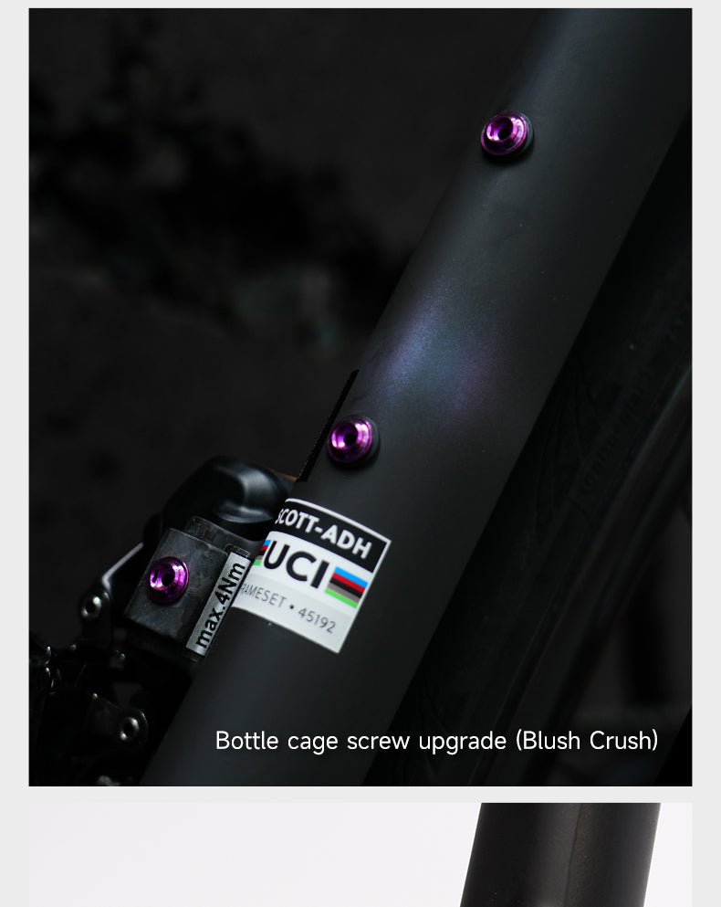 Close-up of a matte black bicycle frame showcasing three metallic purple screws securing a bottle cage mount and attached component near a UCI certification sticker.