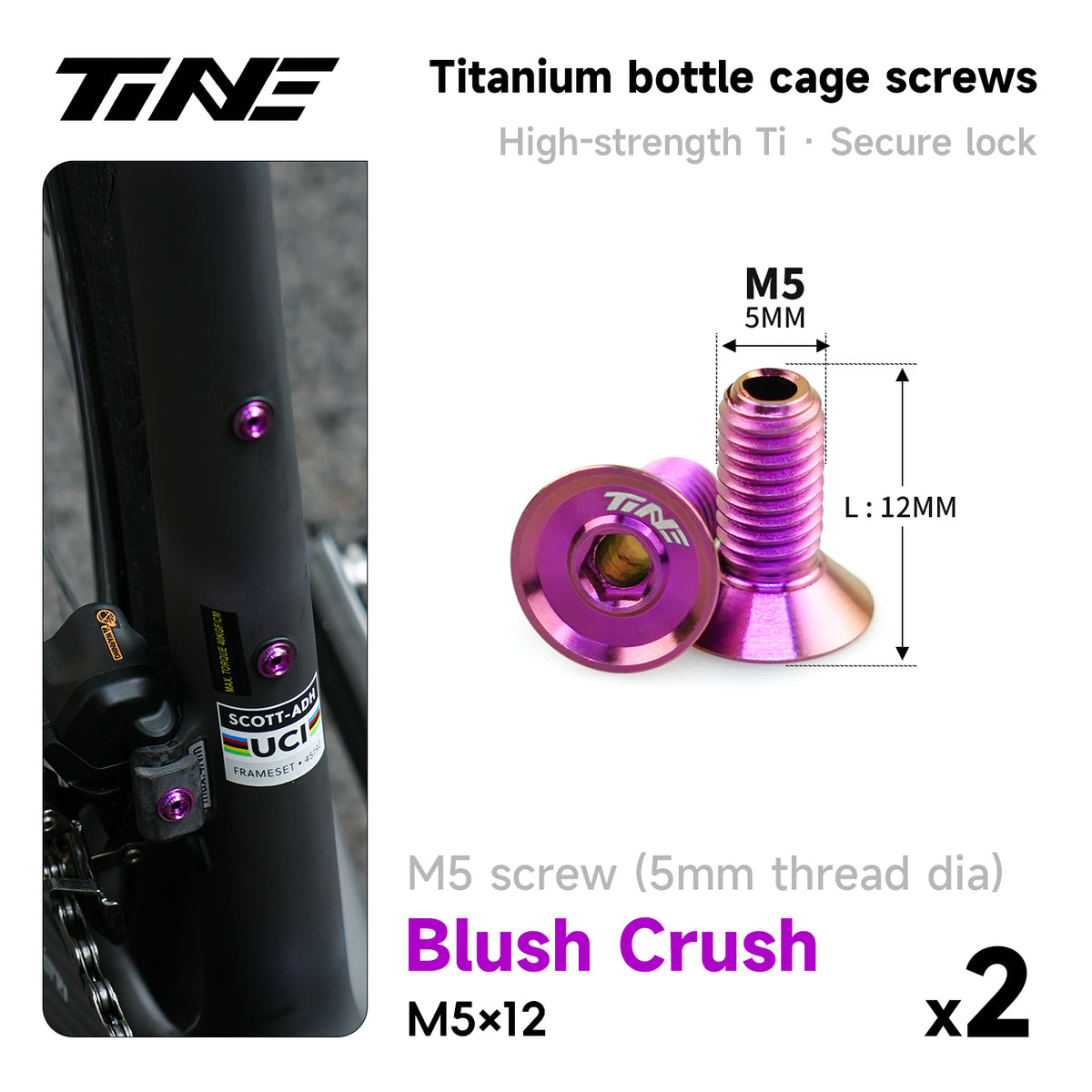 TiNE hollow titanium water bottle cage screws, M5×12, blush crush, installed on road bike