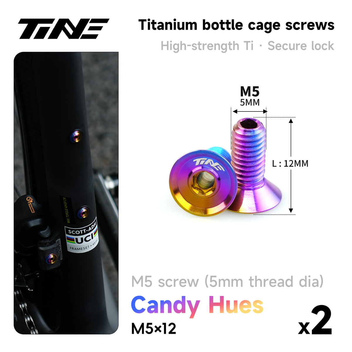 TiNE TECH hollow titanium water bottle cage screws M5×12 candy hues ultra-light