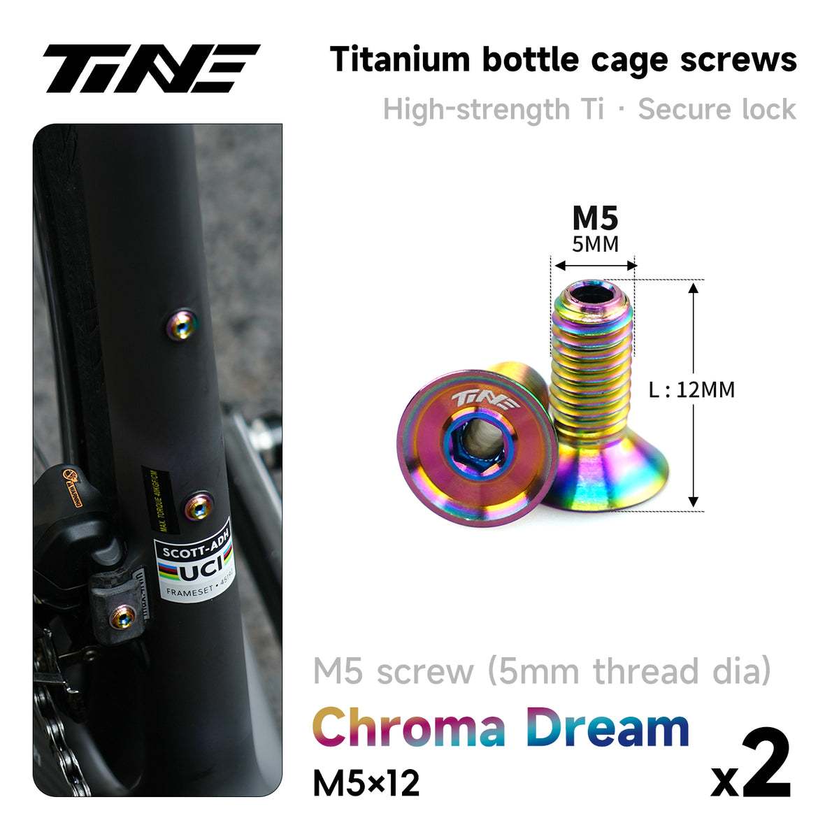 TiNE hollow titanium water bottle cage screws, M5×12, chroma dream, installed on road bike