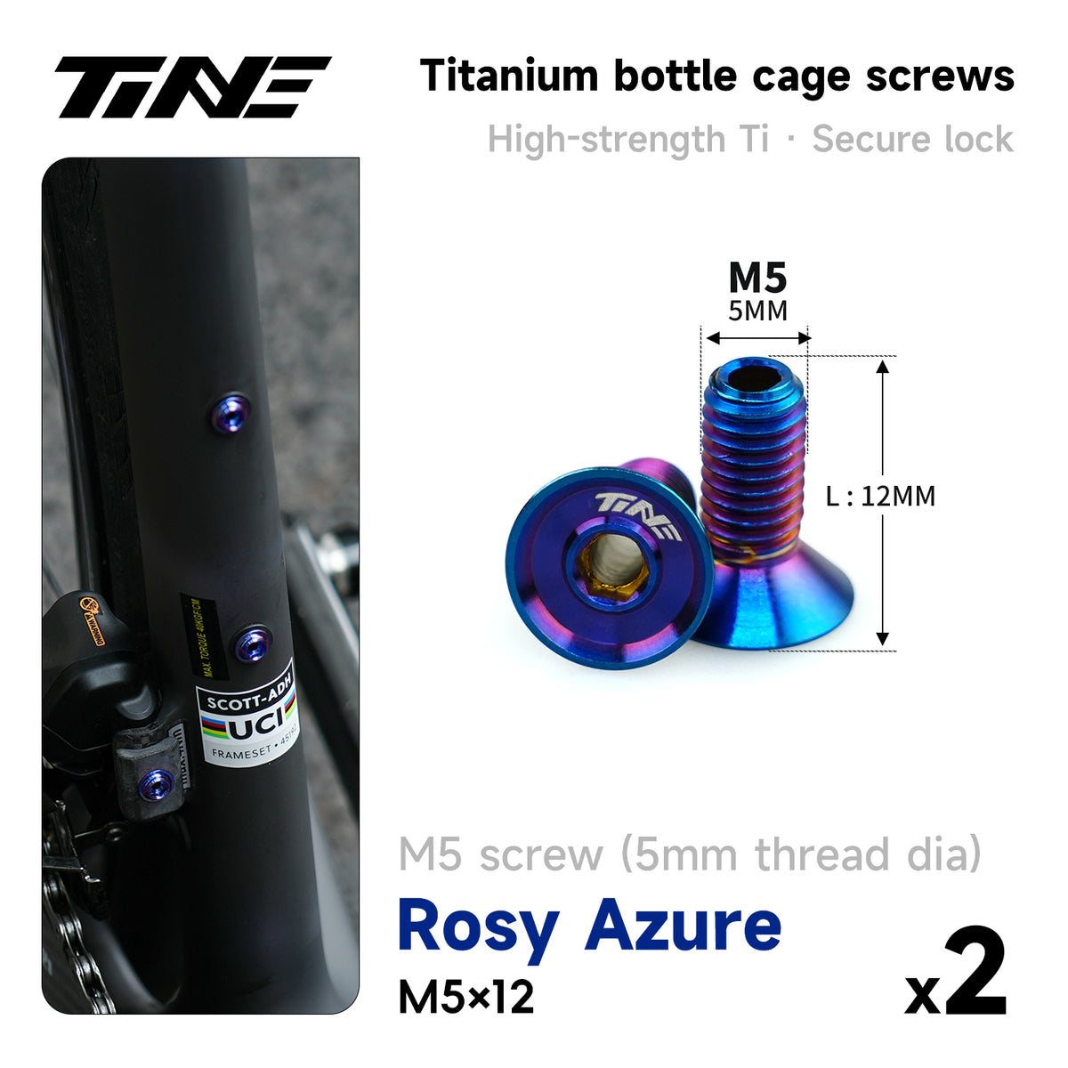 TiNE TECH hollow titanium water bottle cage screws M5×12 rosy azure ultra-light