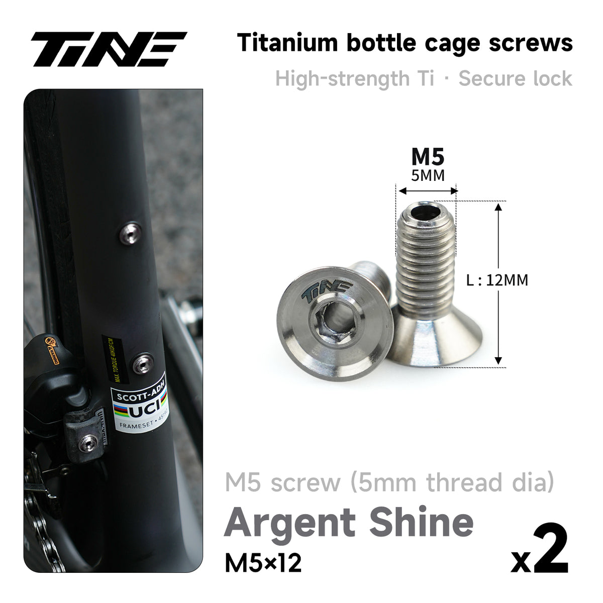 TiNE TECH hollow titanium water bottle cage screws M5×12 argent shineultra-light