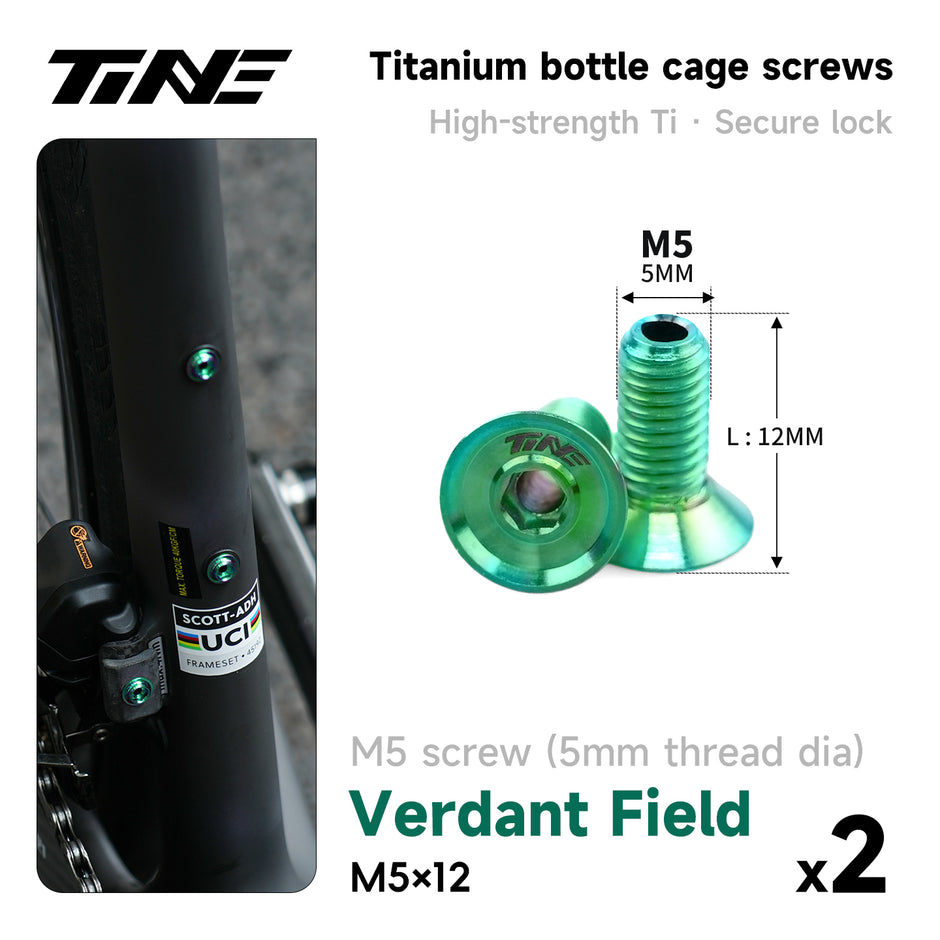 TiNE hollow titanium water bottle cage screws, M5×12, verdant field, installed on road bike