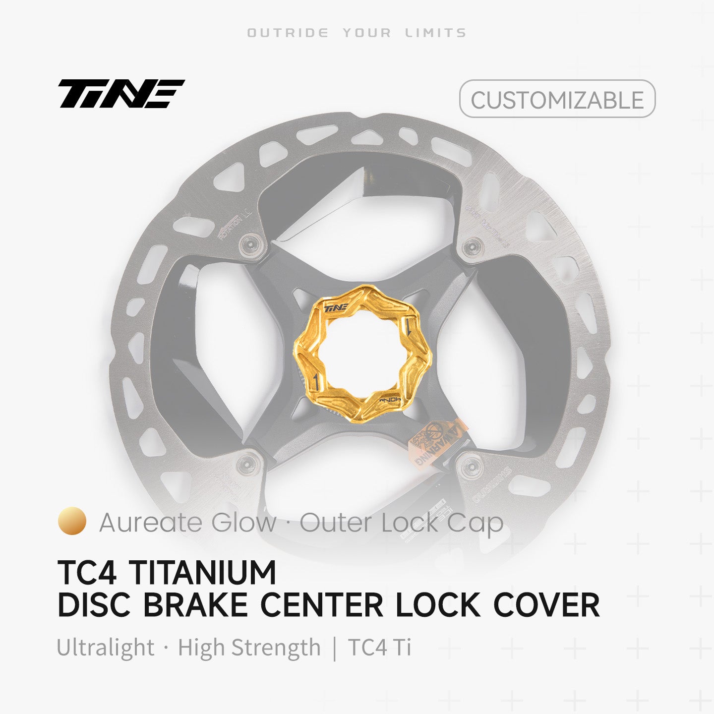 TiNE TECH Aureate Glow titanium disc brake center lock cover on disc brake rotor