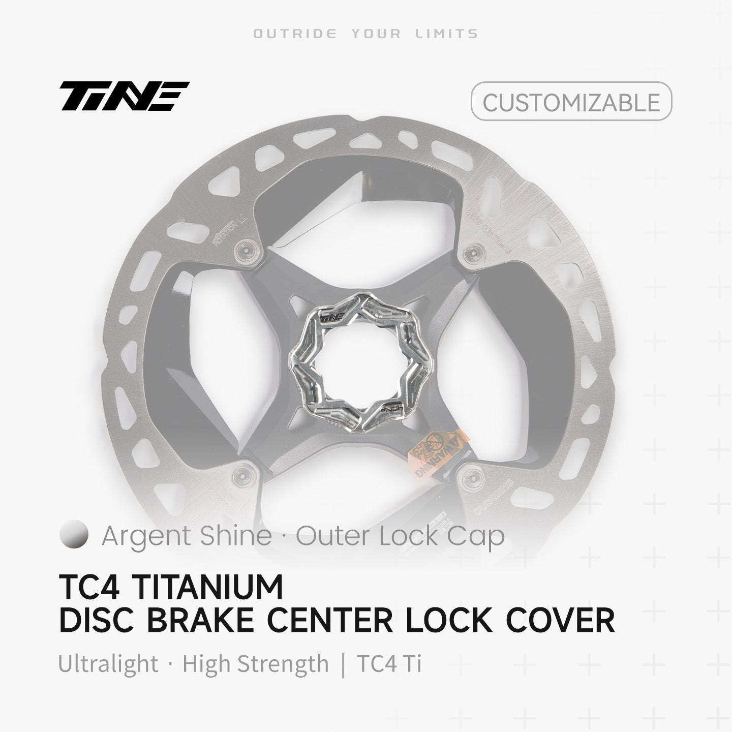 TiNE TECH Argent Shine titanium disc brake center lock cover on disc brake rotor