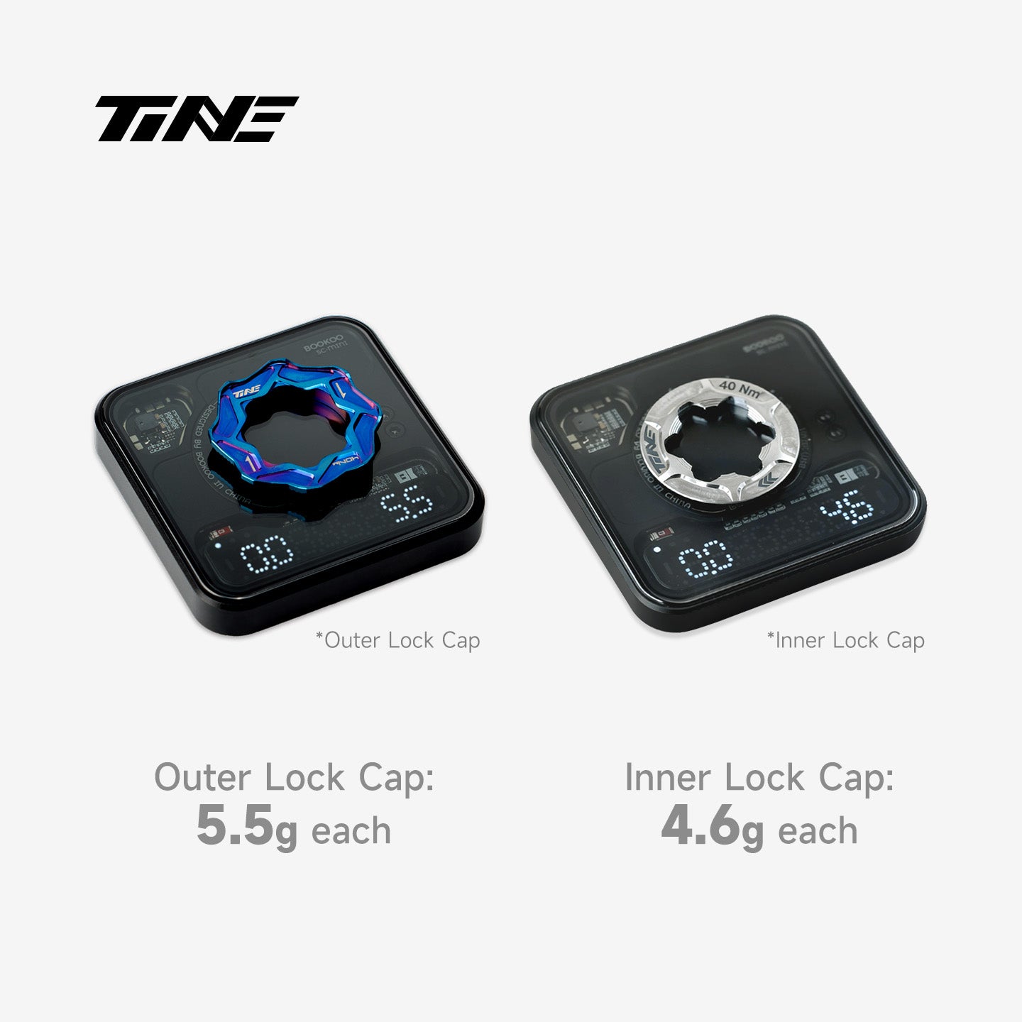 TiNE titanium outer/inner lock caps on digital scale (showing weights)