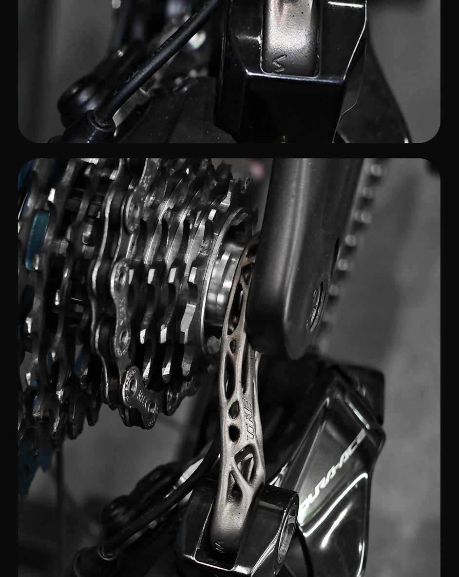 Detailed view of specialized titanium derailleur hanger and cassette system