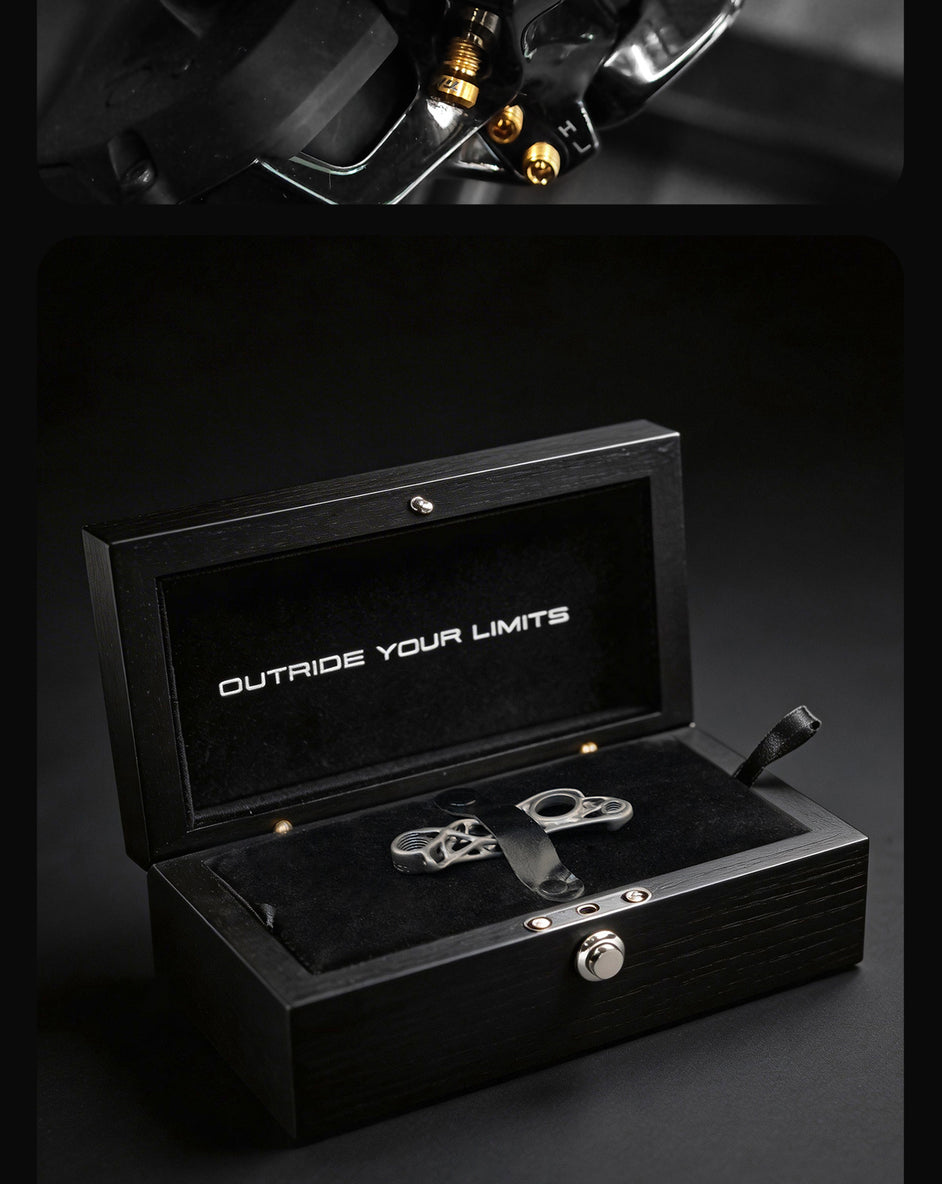 Titanium derailleur hanger in premium black presentation box with 