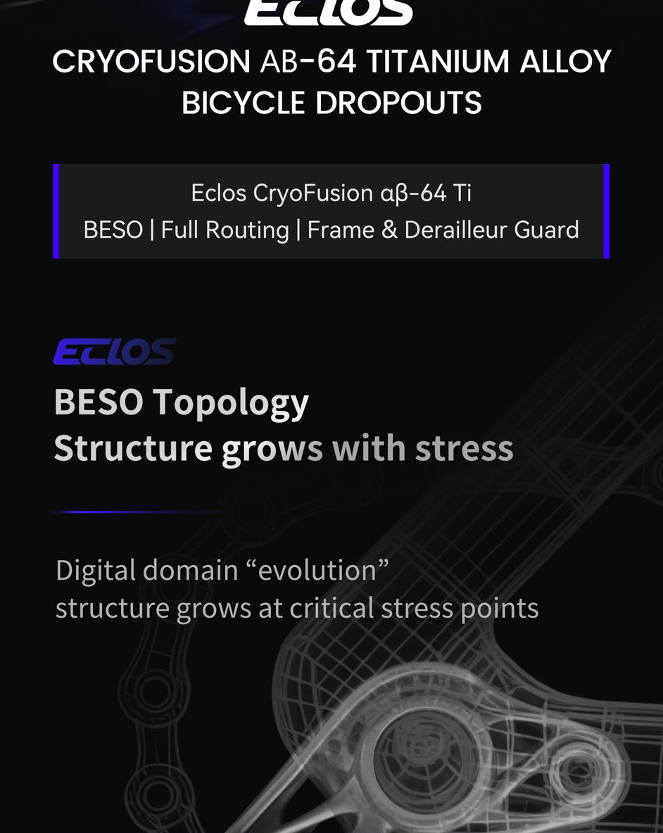 TiNE ECLOS CryoFusion AB-64 titanium bicycle dropouts with BESO structure