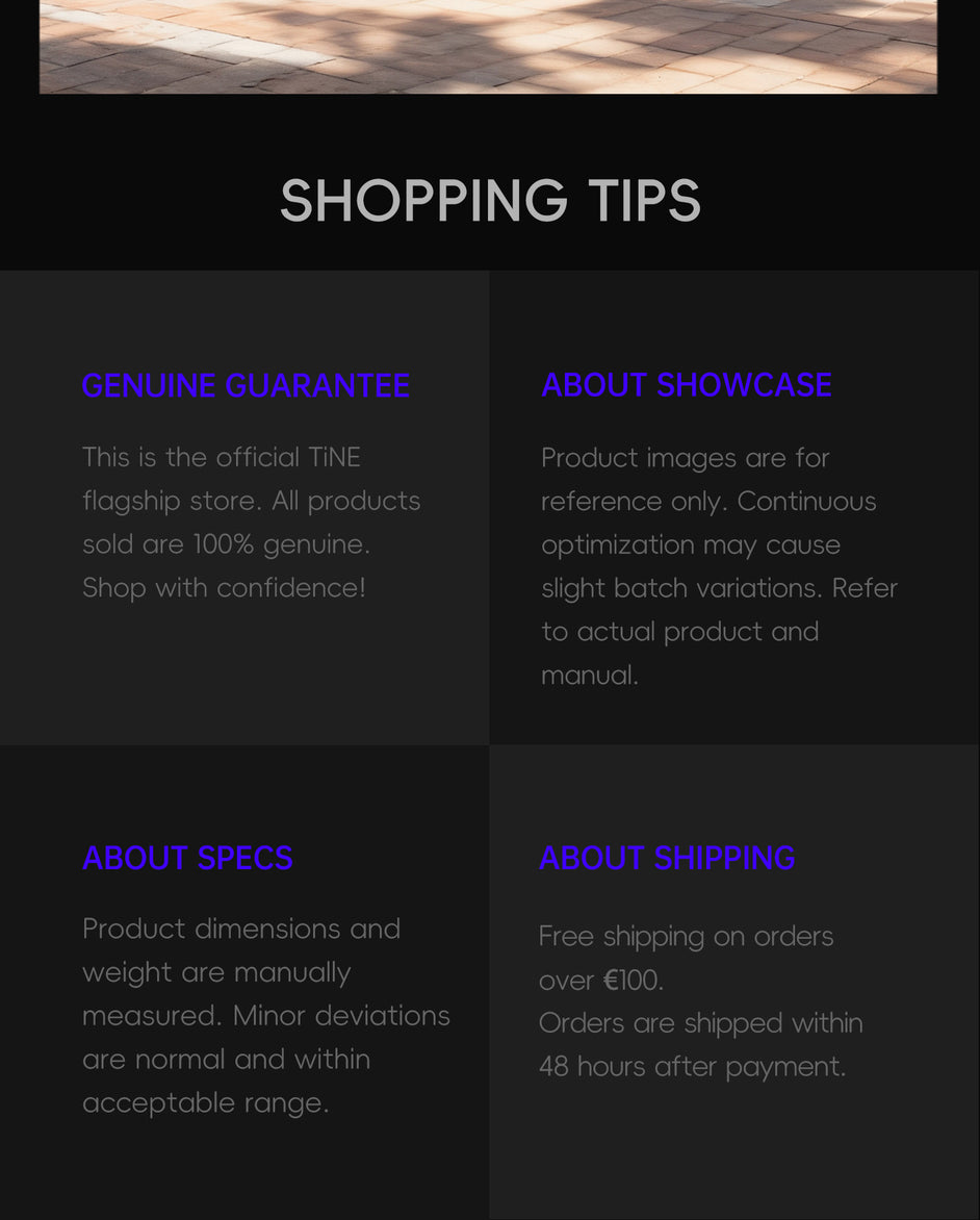 TiNE TECH shopping tips page with store policy sections
