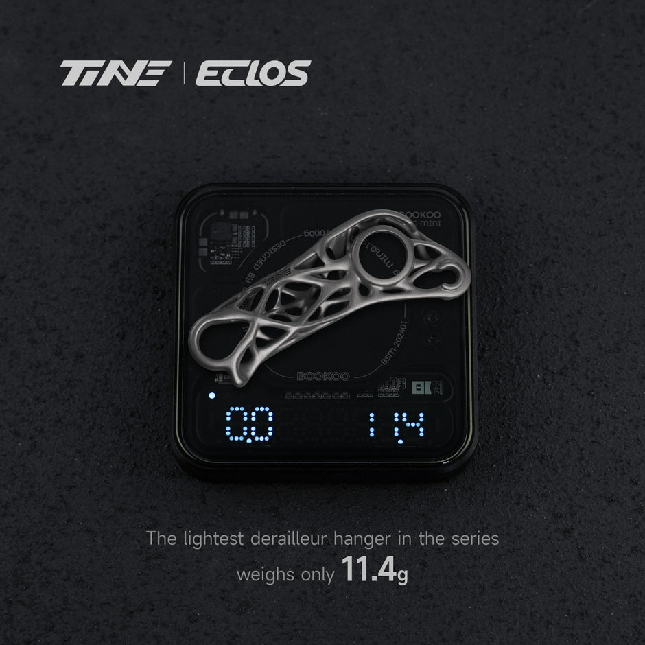 TiNE ECLOS ultra-light titanium derailleur hanger on digital scale
