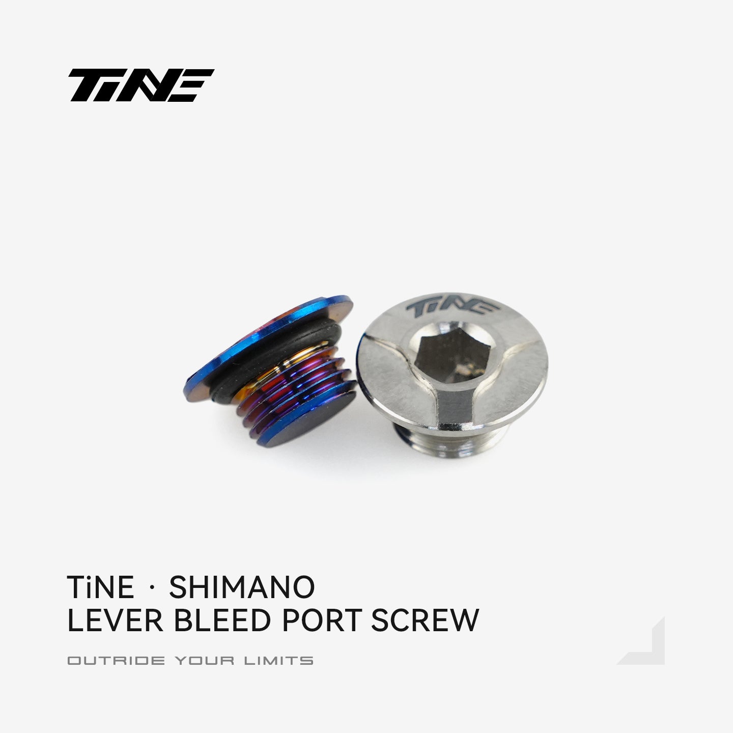 TiNE Tech Shimano ultra-light bleed port screw set with colorful titanium component and silver hex screw
