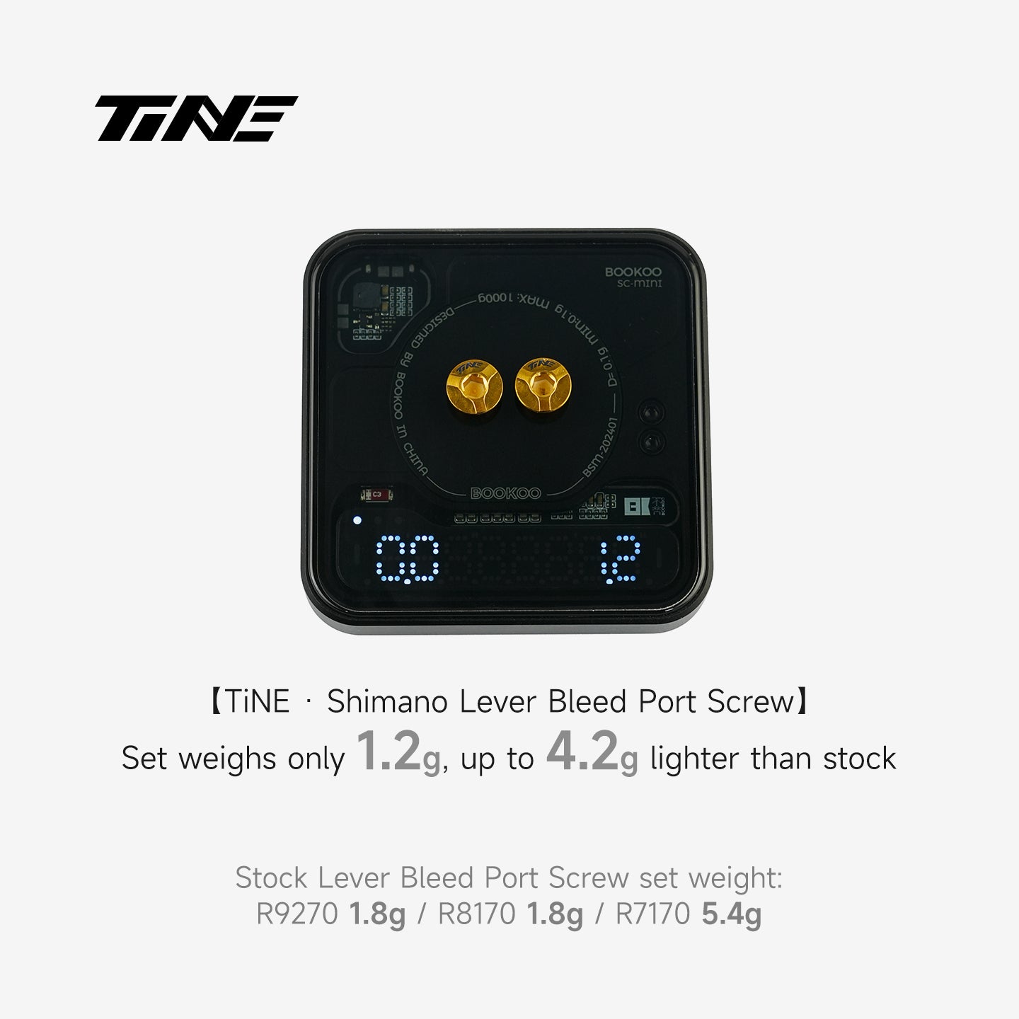 TiNE Tech Shimano ultra-light bleed port screw set on digital scale showing lightweight design