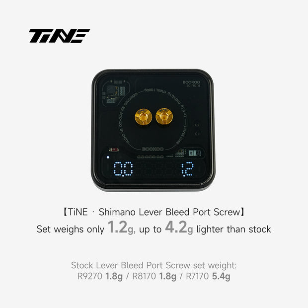 TiNE Tech Shimano ultra-light bleed port screw set on digital scale showing lightweight design