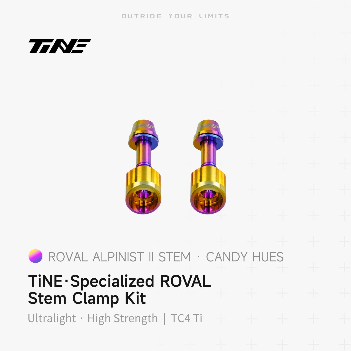 TiNE Specialized Roval Rapide integrated handlebar lock nuts in purple-yellow titanium, Alpinist II clamp kit