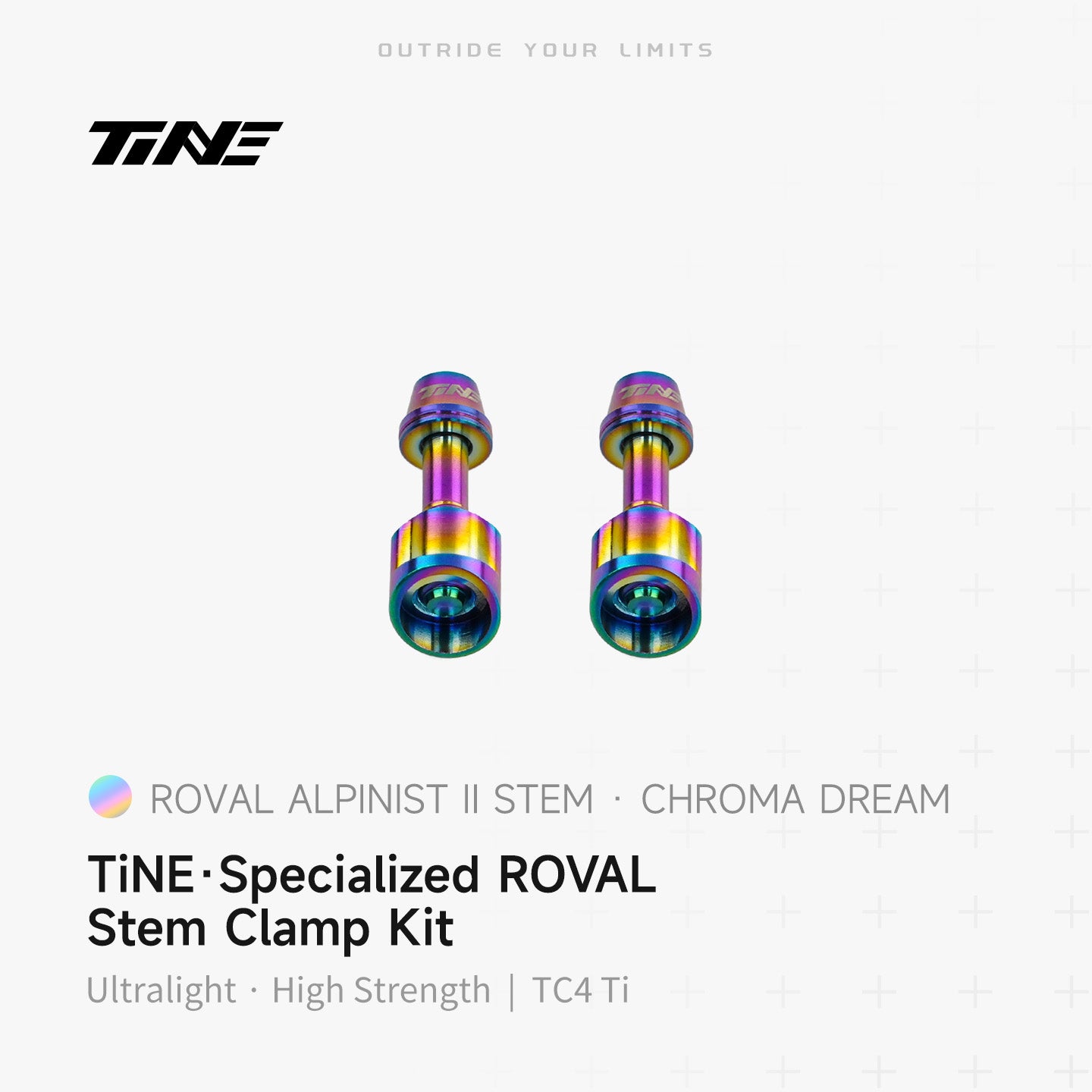 TiNE Specialized Roval Rapide integrated handlebar lock nuts in rainbow titanium, Alpinist II clamp kit