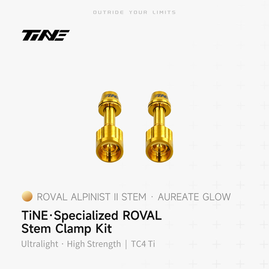 TiNE Specialized Roval Rapide integrated handlebar lock nuts in gold titanium, Alpinist II clamp kit